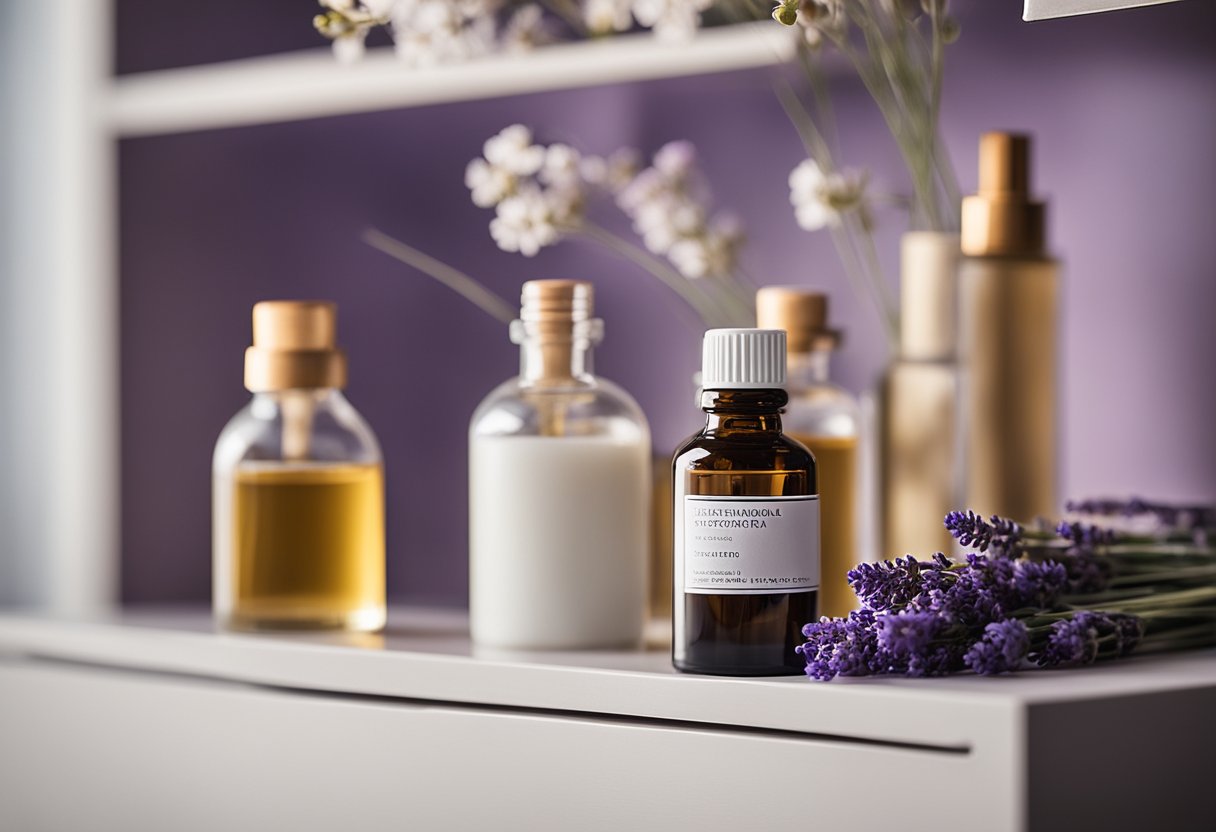 A serene bedroom with a diffuser emitting lavender oil. Various essential oils and bottles are neatly arranged on a shelf