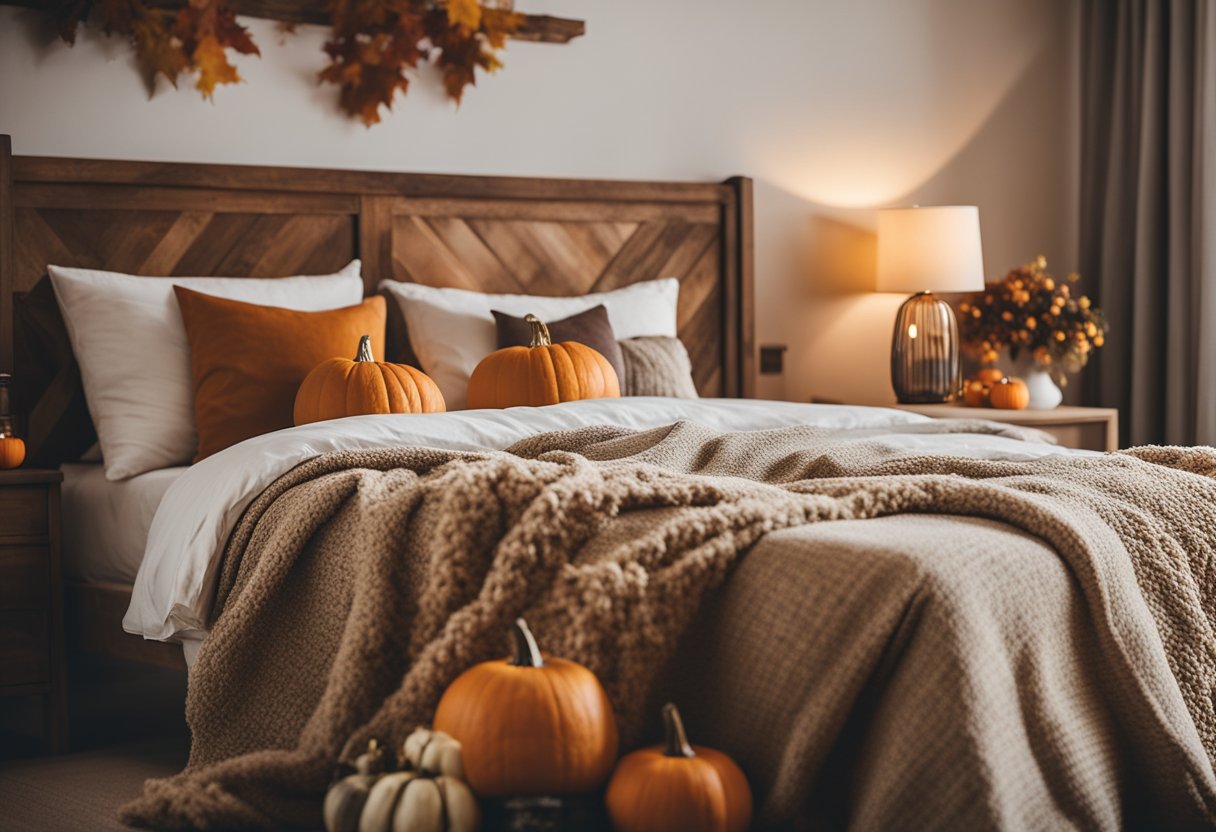 A cozy bedroom with a wooden headboard adorned with fall-themed decor such as pumpkins, leaves, and warm-colored blankets