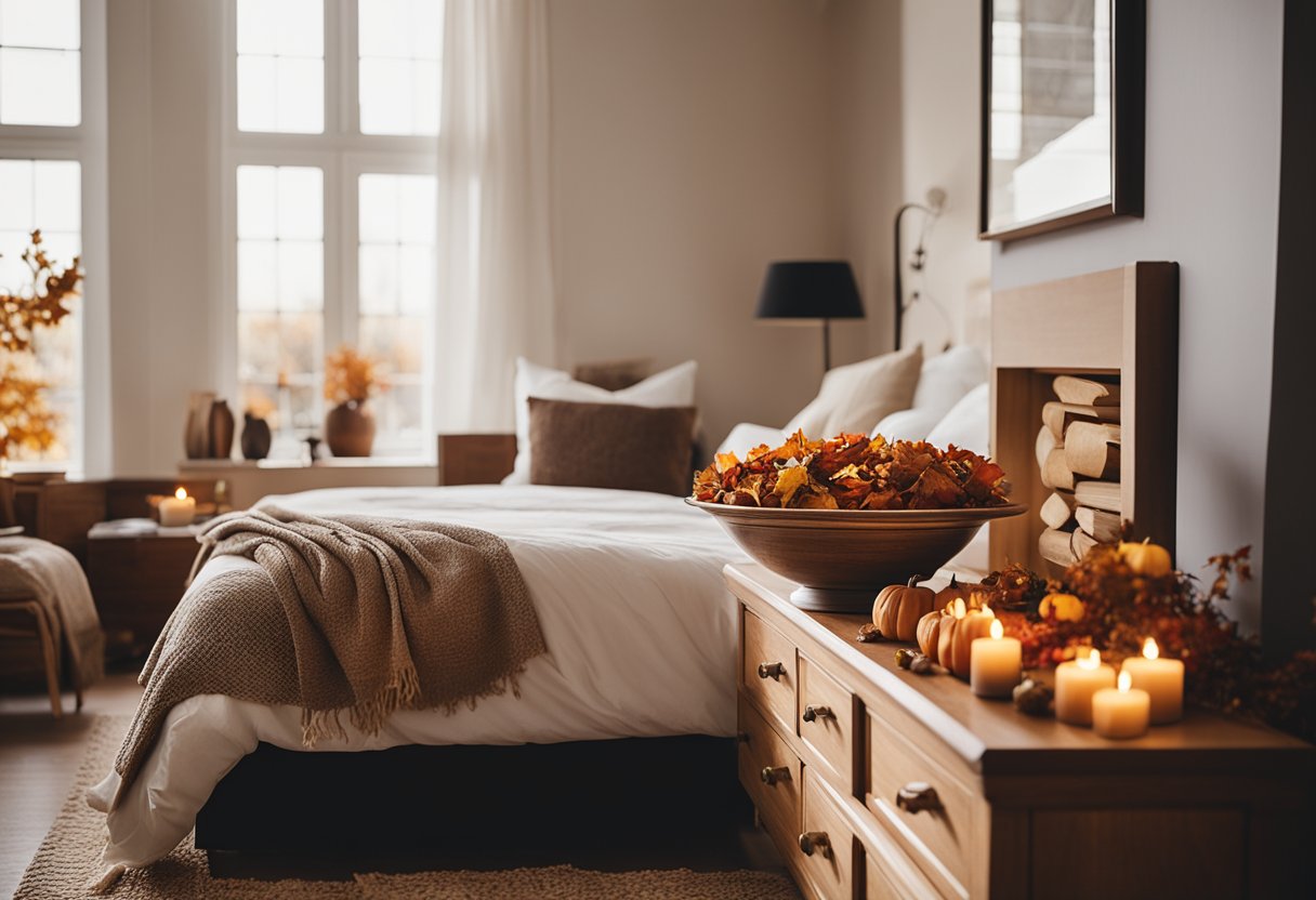 A bedroom with a cozy bed, warm lighting, and a bowl of spiced apple potpourri on a dresser, surrounded by autumn-themed decor