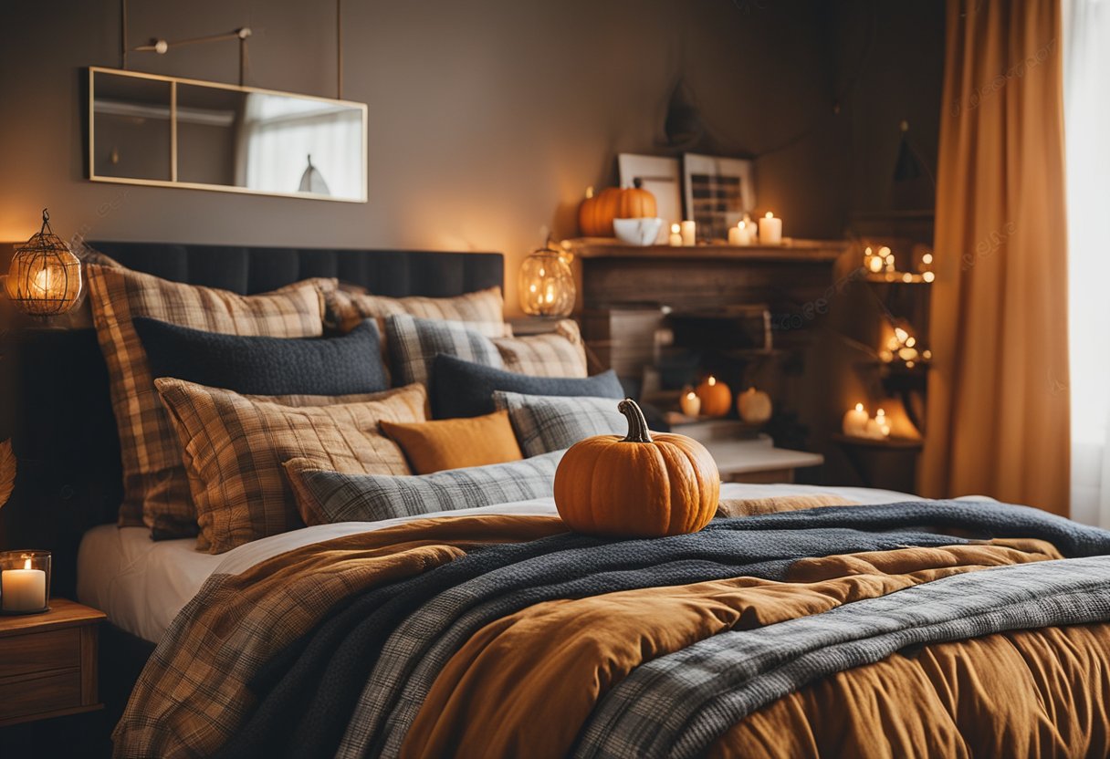 A cozy bedroom with flannel bedding in warm autumn colors, surrounded by fall-themed decor such as pumpkins, leaves, and candles