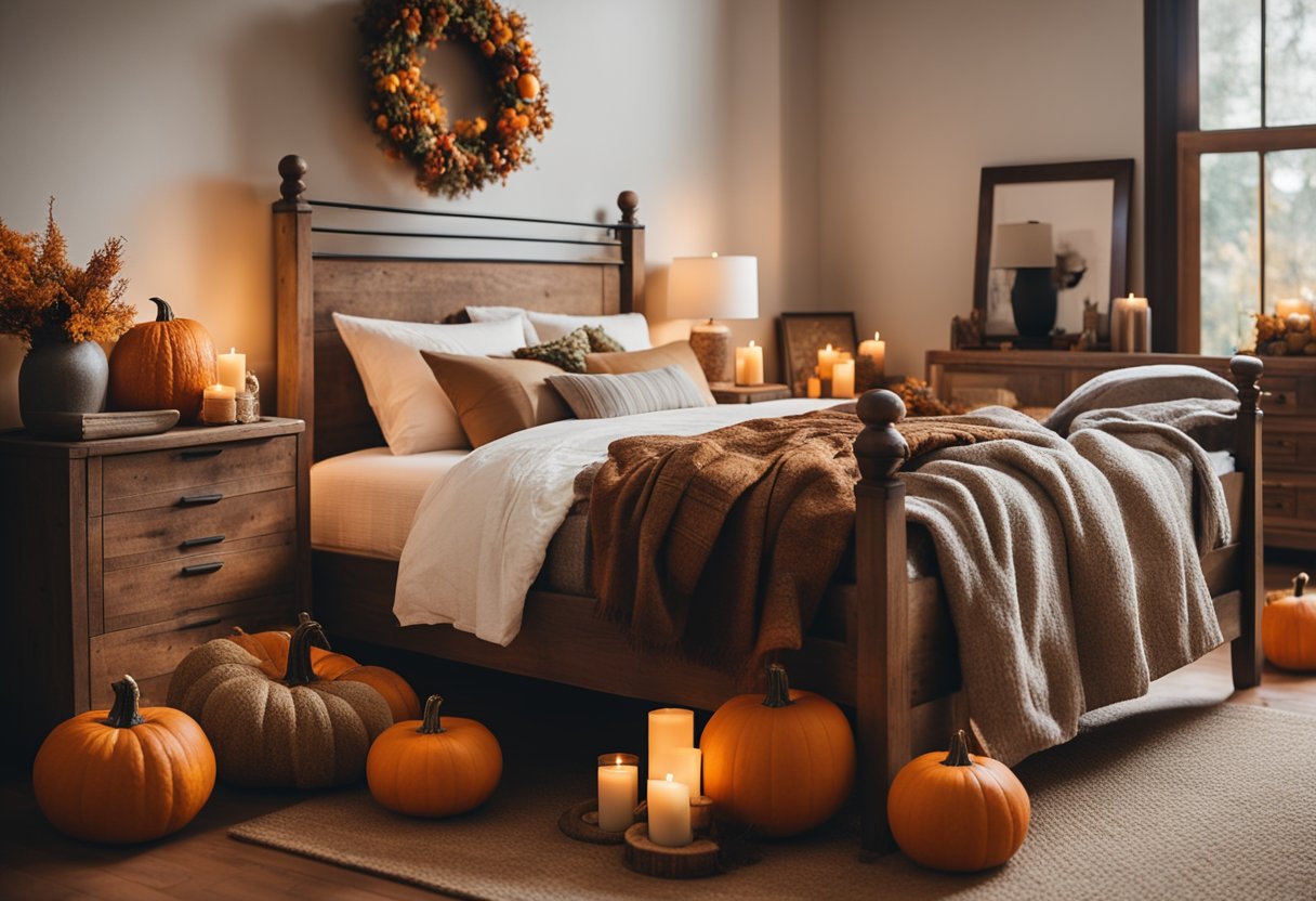 A cozy bedroom with a rustic wooden bed frame adorned with a fall-themed wreath, surrounded by warm autumn decor such as pumpkins, leaves, and candles