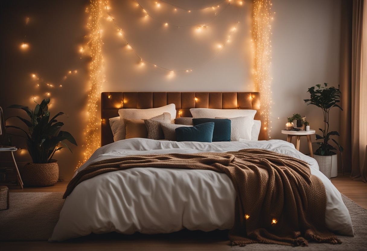 A cozy bedroom with warm lighting from copper string lights draped around the headboard and scattered throughout the room, creating a cozy and inviting fall atmosphere