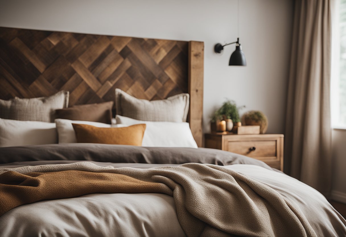 A cozy bedroom with burlap pillow covers, warm autumn colors, and rustic accents