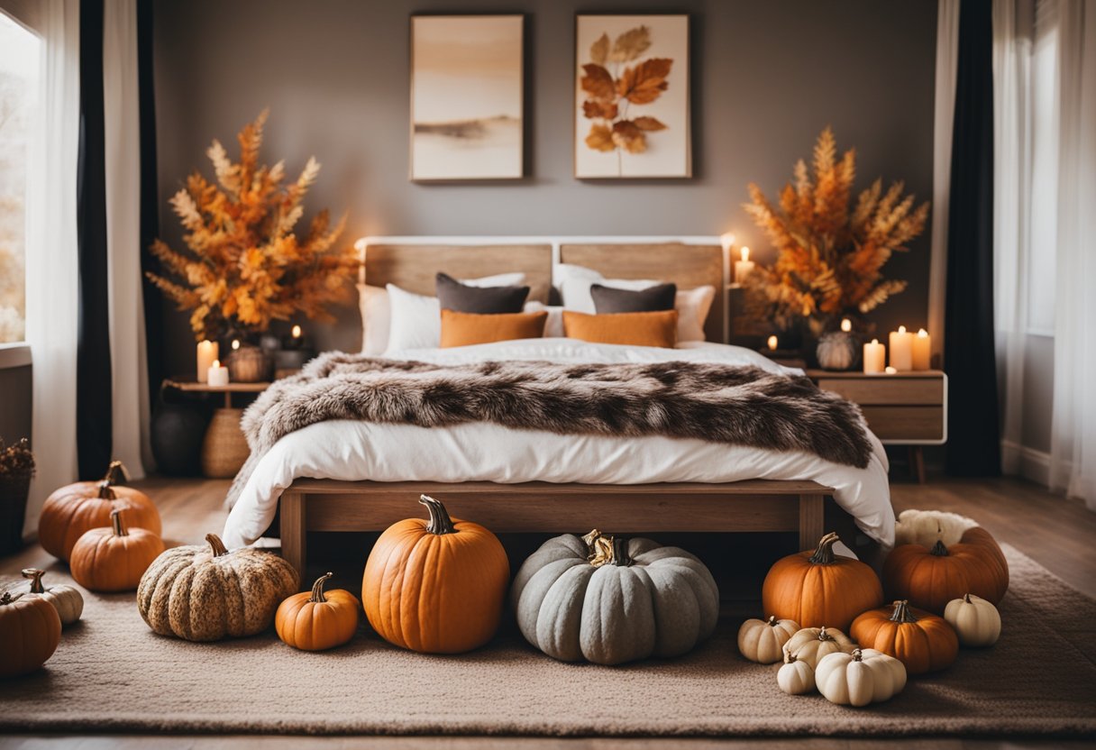 A cozy bedroom with a faux fur rug as the centerpiece, surrounded by warm autumn decor like pumpkins, candles, and fall foliage