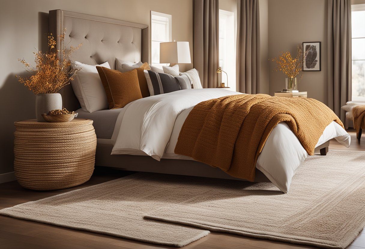 A cozy bedroom with layered rugs in warm fall colors, accented with plush pillows and soft blankets