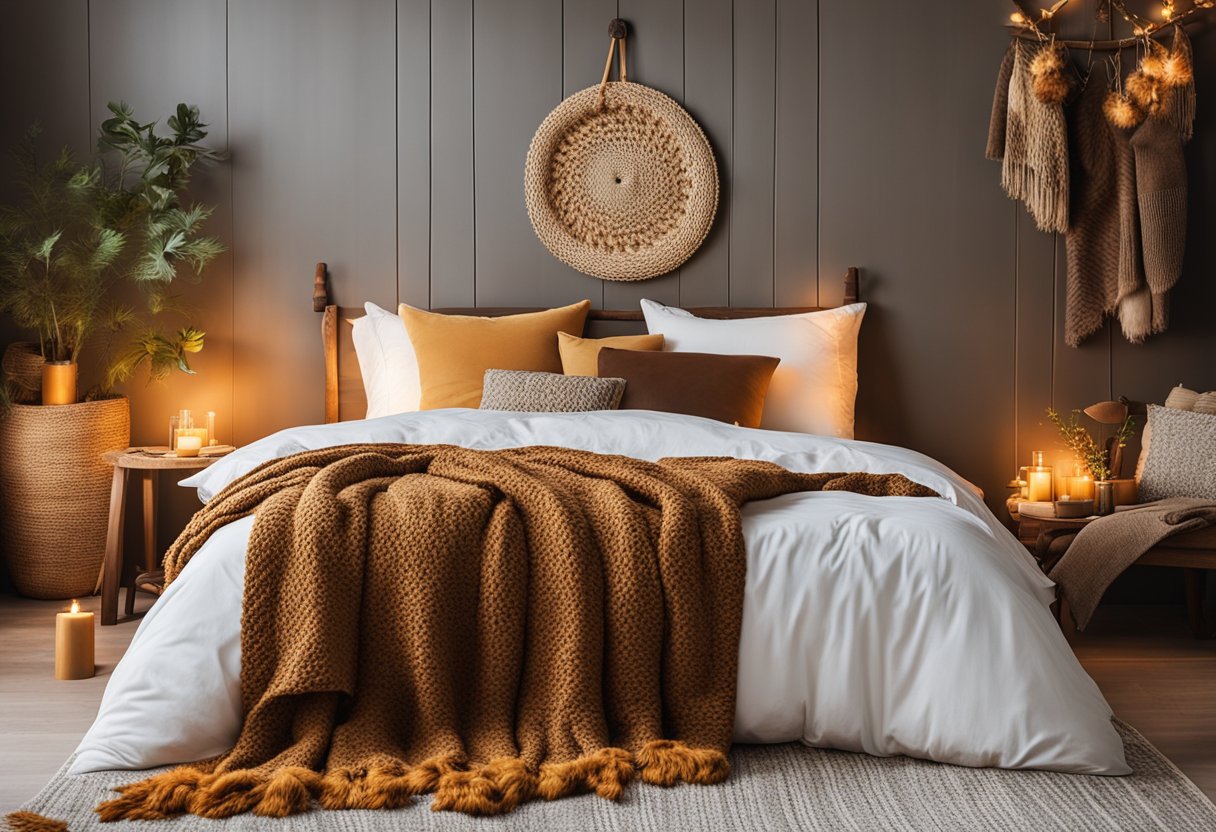 A cozy bedroom with a woven wall hanging as the focal point, surrounded by warm autumn decor like plush blankets and rustic accents