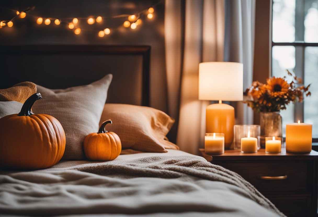 A cozy bedroom with a warm color palette, featuring a nightstand adorned with pumpkin spice scented candles and other fall-themed decor