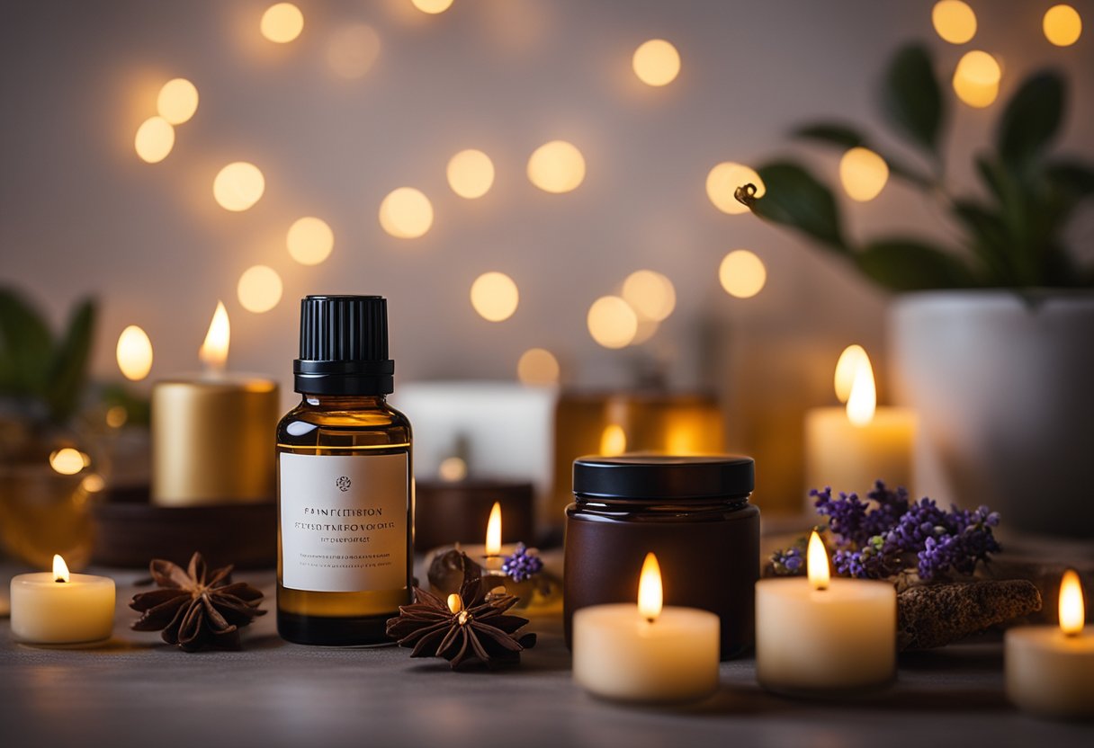 A serene room with a diffuser emitting frankincense oil, surrounded by various essential oils and candles