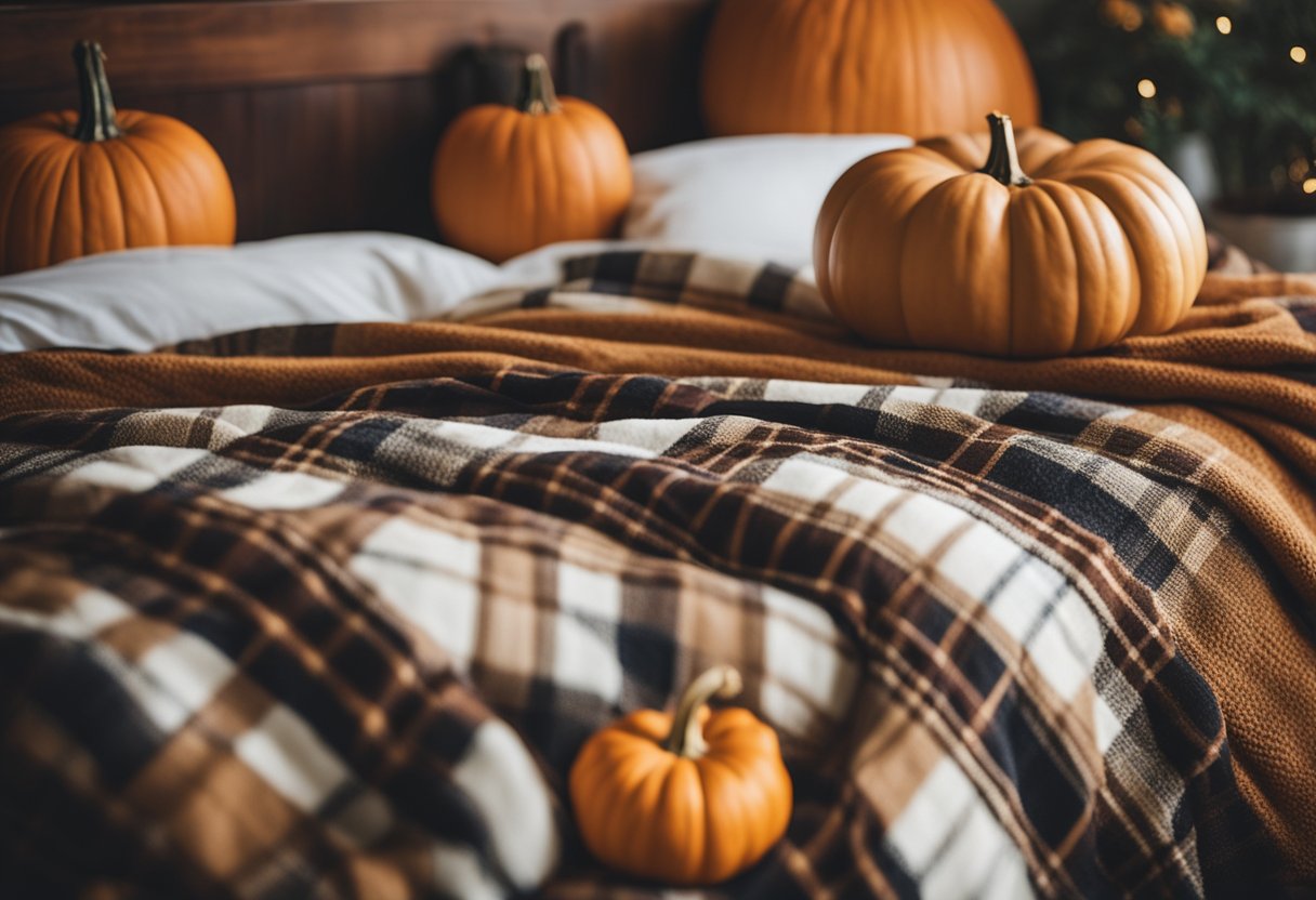 A cozy bed with plaid throw blankets, surrounded by autumn-themed decor like pumpkins and fall foliage