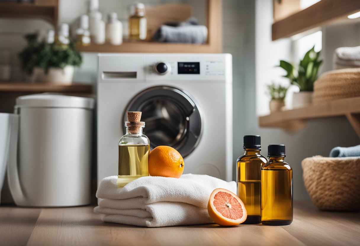 A laundry room with a bottle of grapefruit essential oil placed next to a washing machine, surrounded by various other essential oils and household items