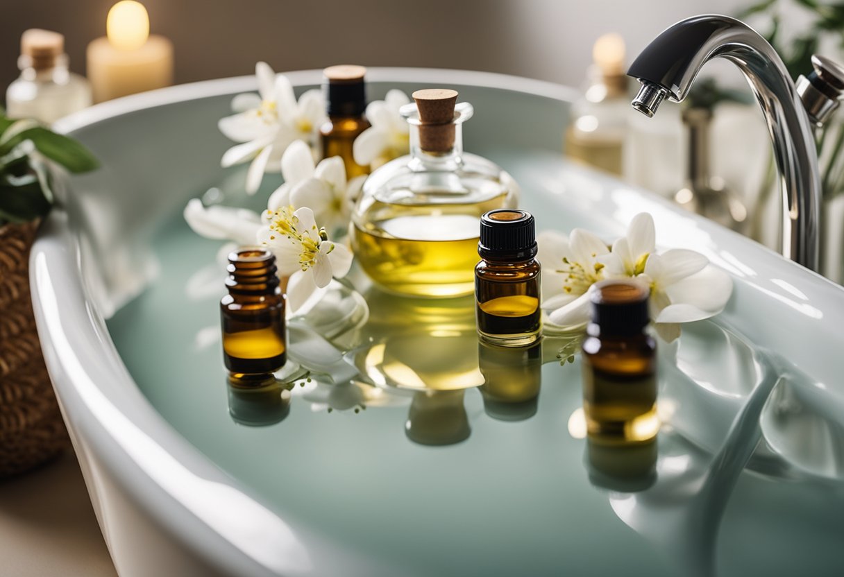 A clear glass bathtub filled with warm water and floating jasmine oil, surrounded by various essential oil bottles and diffusers