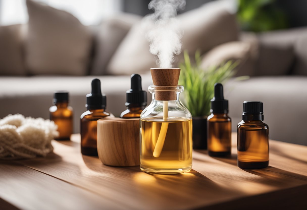 A wooden diffuser releasing sandalwood scent into a cozy living room, with various ways to use essential oils displayed on a nearby table