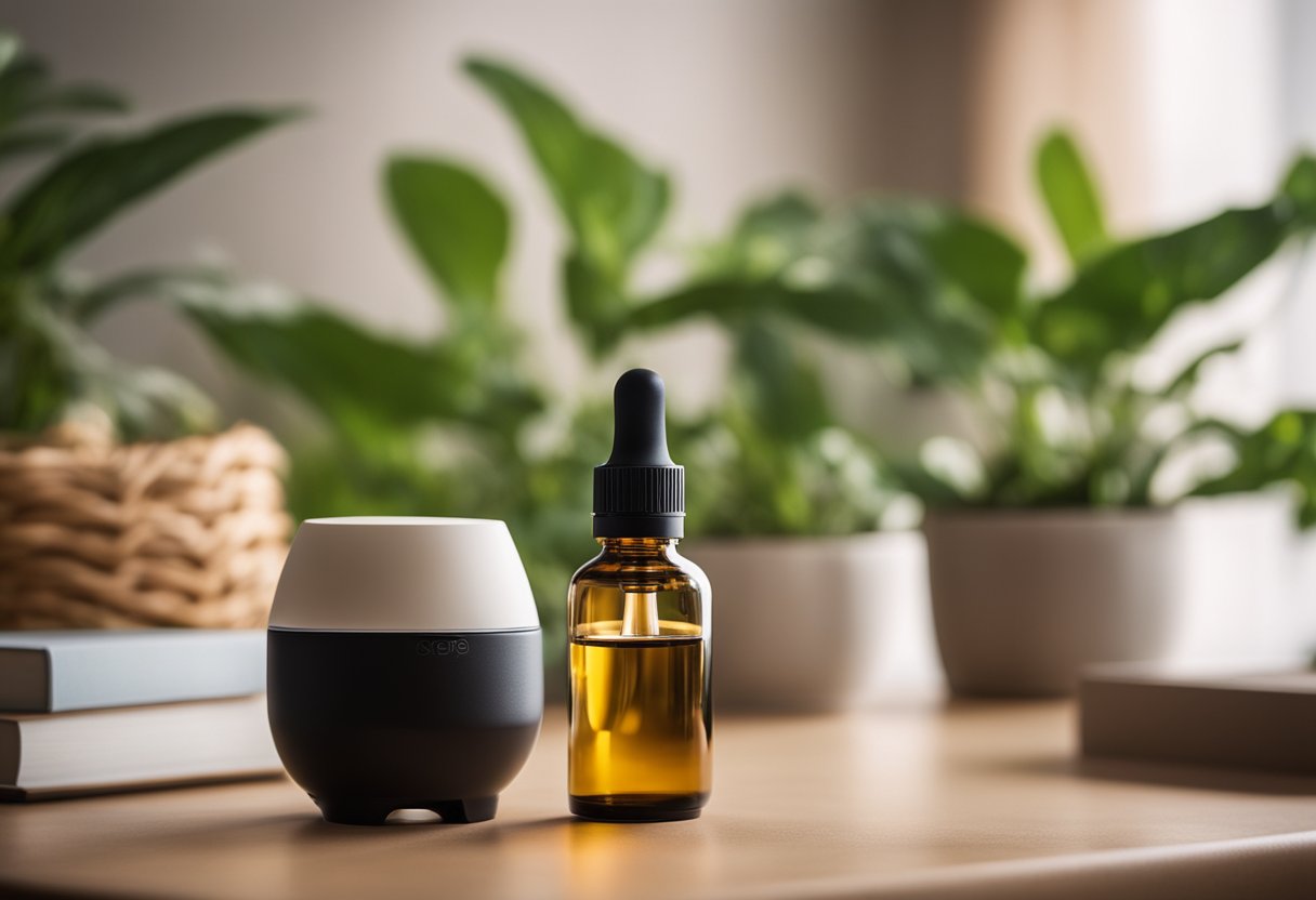 A diffuser releasing patchouli oil in a cozy living room with soft lighting and plants, creating a calming and aromatic atmosphere