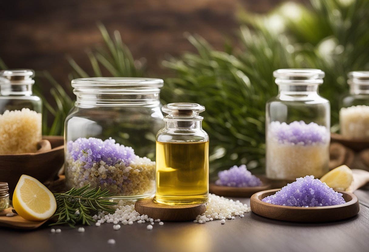 A clear glass jar filled with bath salts, infused with cypress essential oil, surrounded by various essential oil bottles and diffusers