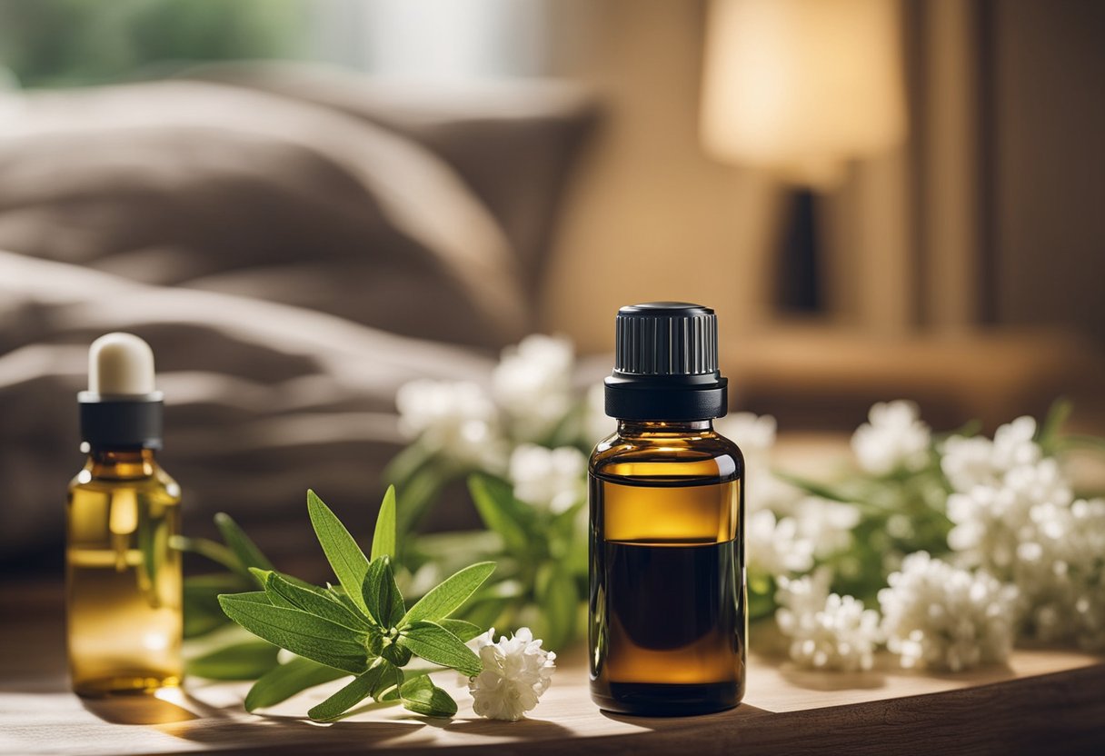 A tranquil bedroom with a diffuser emitting vetiver oil. Various essential oil bottles and household items are scattered around, indicating different ways to use them