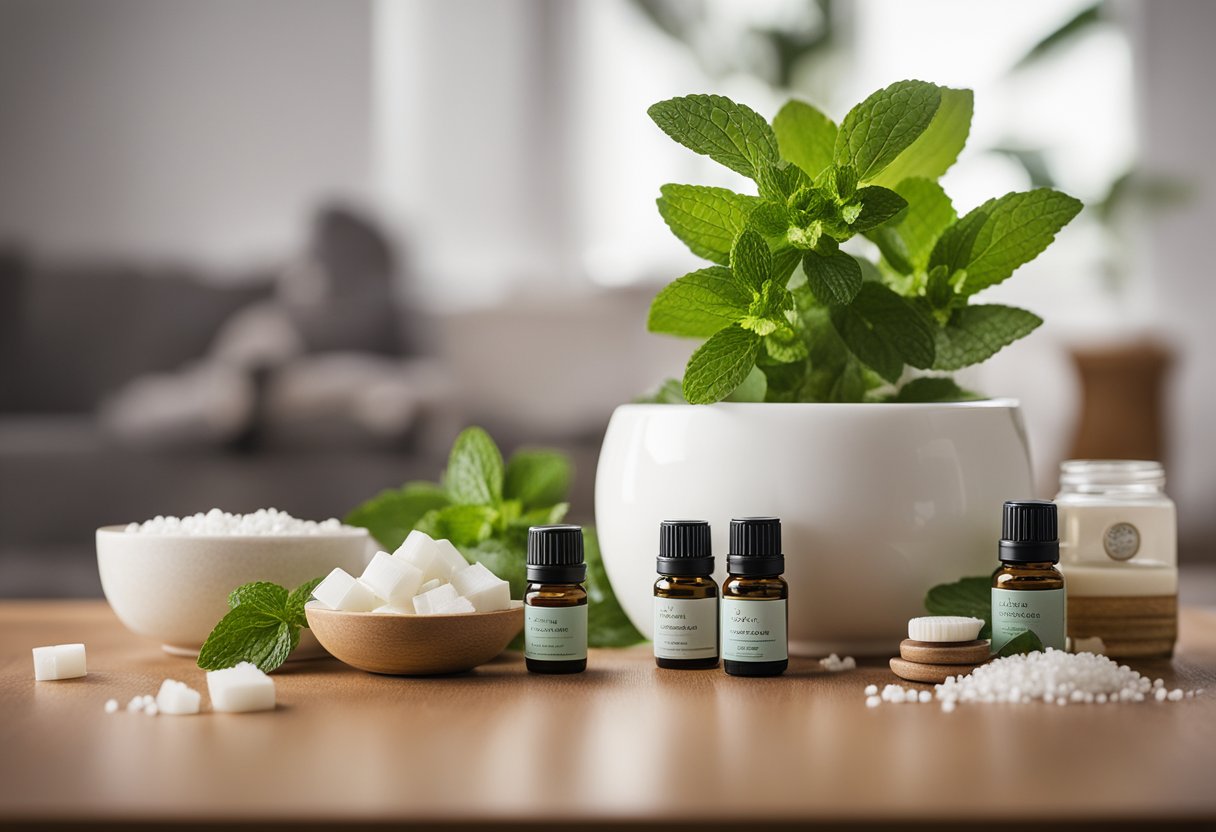 A diffuser releasing peppermint oil, surrounded by various household items for 20 ways to use essential oils in your home