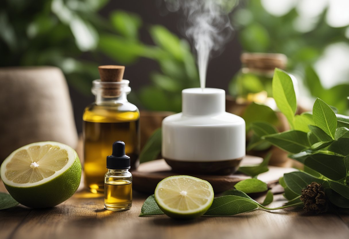 A tranquil scene with a diffuser emitting bergamot oil, surrounded by various household items being infused with essential oils for stress relief