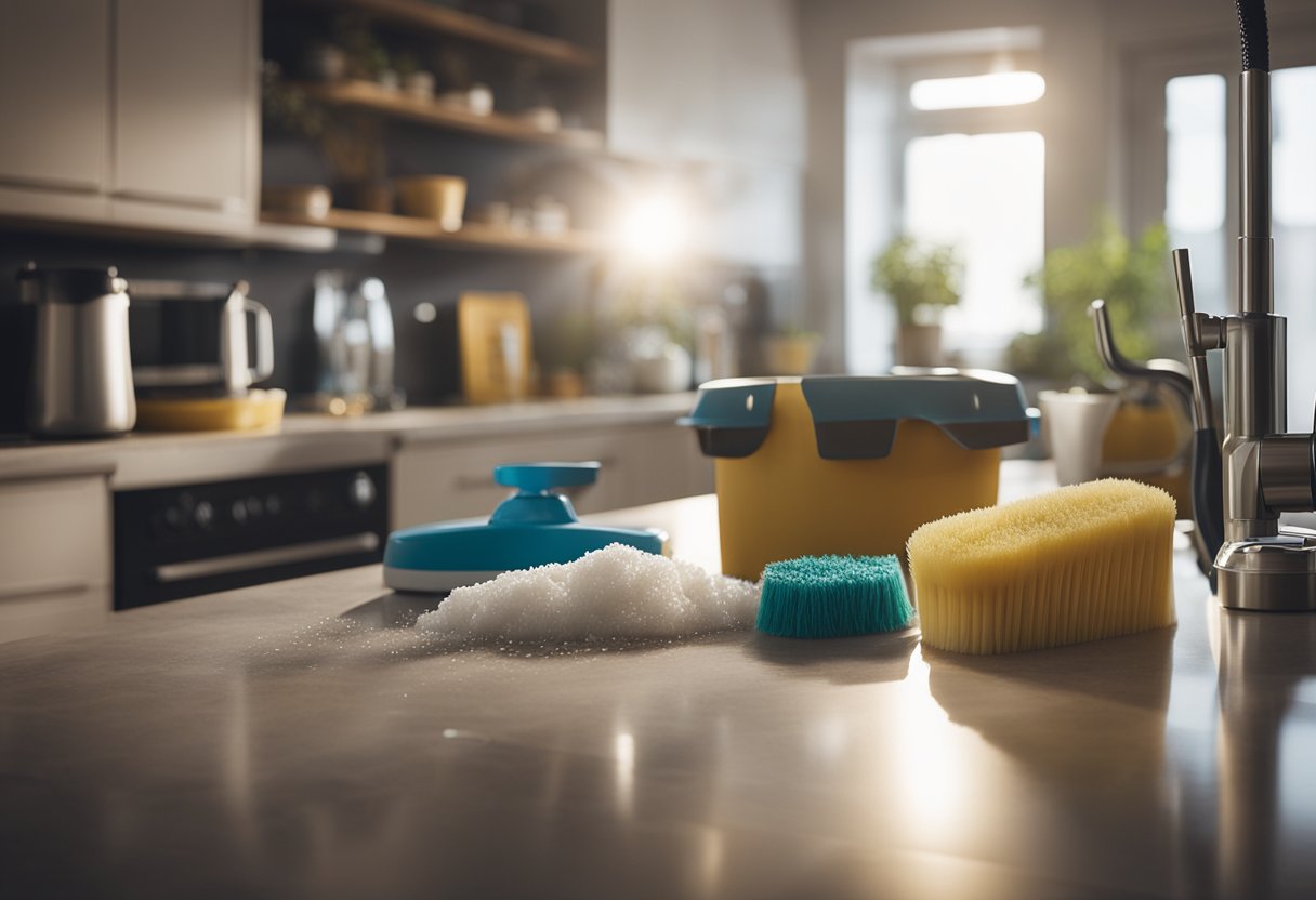 A cluttered house with various surfaces and objects being quickly cleaned with multipurpose cleaners in 10 different ways