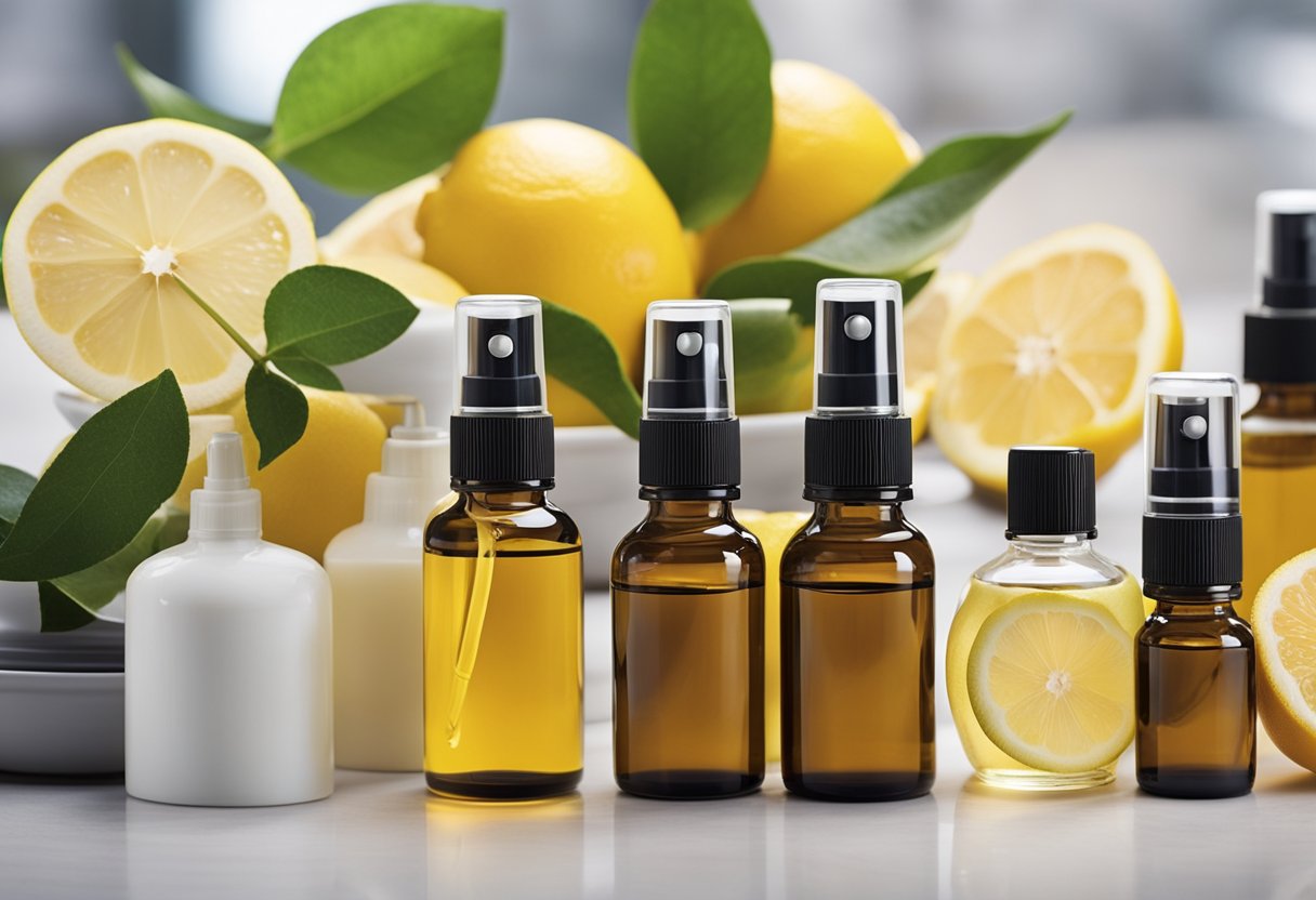 A variety of spray bottles filled with lemon oil and other essential oils, arranged on a countertop with various household items in the background