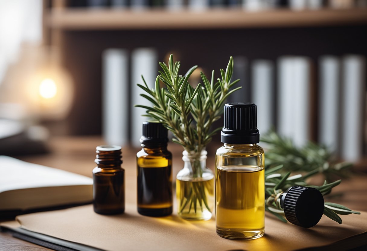 A serene study room with a diffuser emitting rosemary oil. Various essential oils displayed on a shelf. An open book on a desk