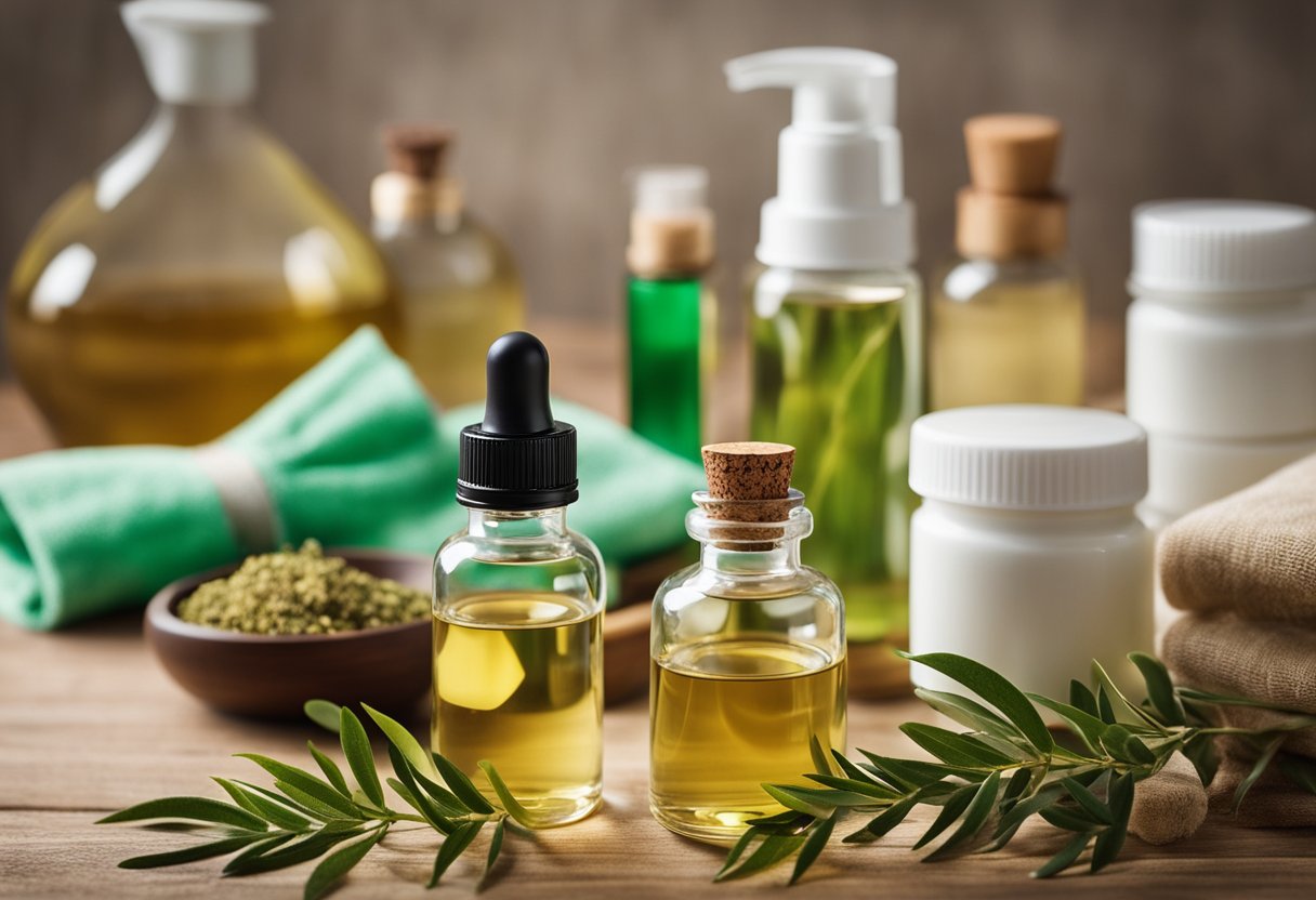 A bottle of tea tree oil surrounded by various cleaning supplies and diffusers, with labeled containers of different essential oils scattered around