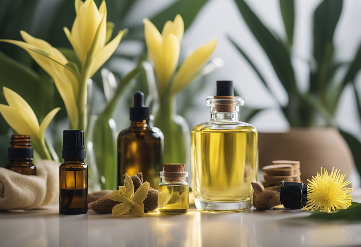 A serene bedroom with a diffuser emitting ylang ylang oil, surrounded by various essential oil bottles and home decor