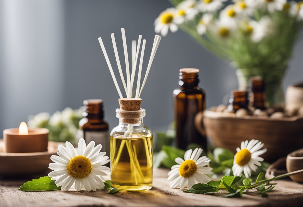 A serene setting with a diffuser emitting chamomile oil, surrounded by various household items for different uses of essential oils