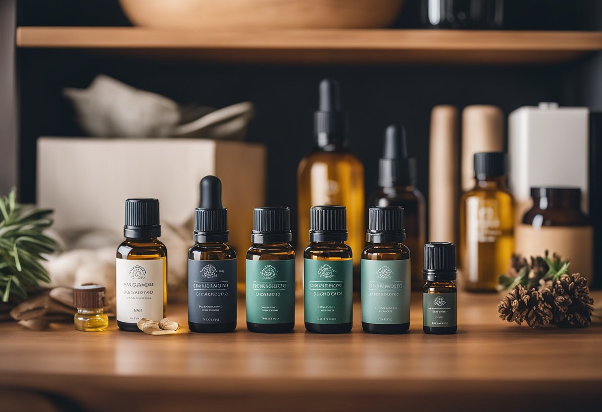 Cedarwood oil diffusing in a closet, surrounded by various essential oils and home items for use