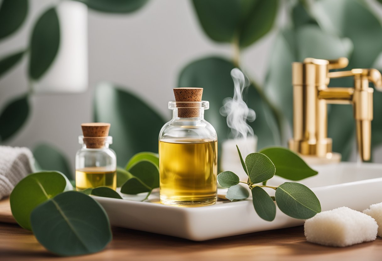 Eucalyptus oil diffuses in a steamy bathroom, surrounded by various essential oils and home decor