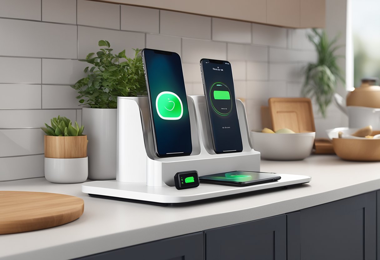 A sleek retractable charging station neatly integrated into a tidy and organized kitchen counter