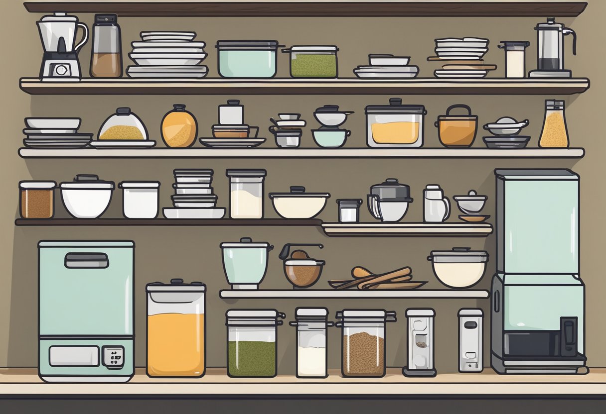 Various kitchen items neatly arranged in labeled containers on a clutter-free counter. Spices, utensils, and small appliances are strategically placed for easy access and efficient use