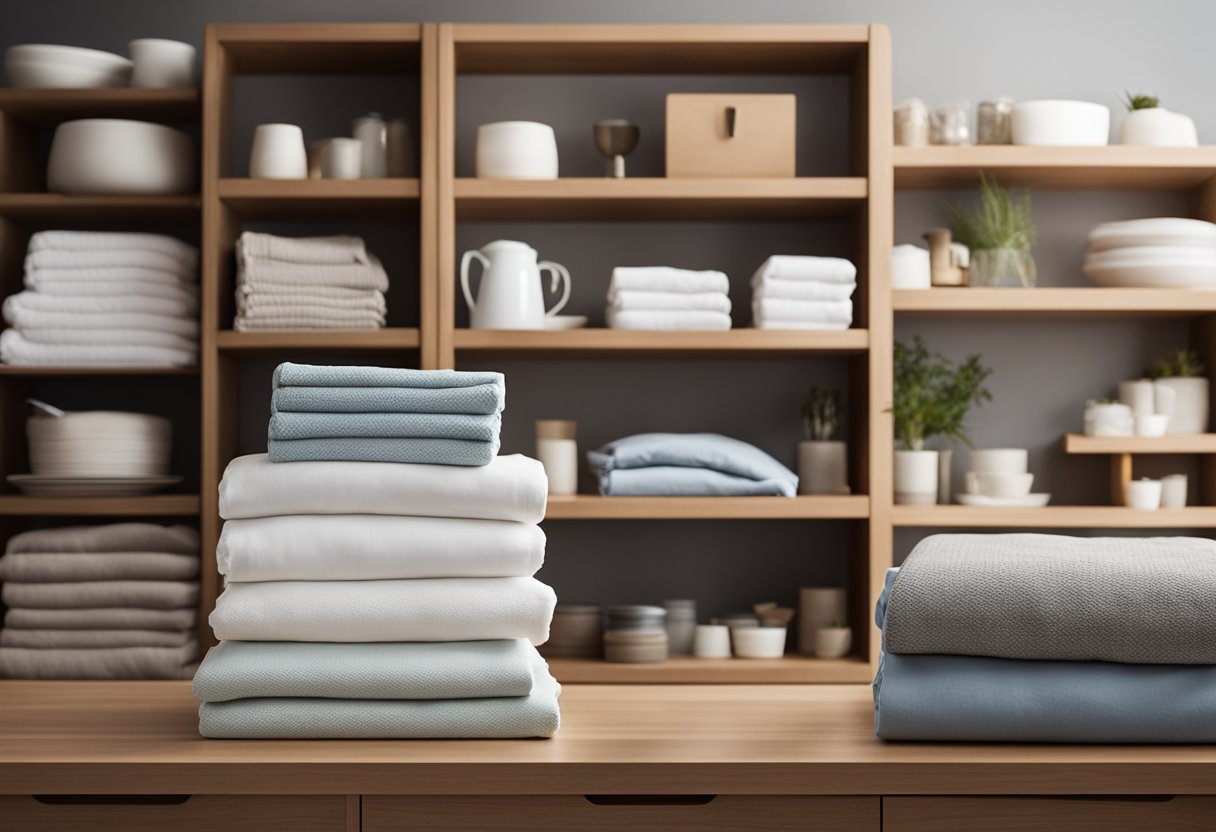 A cluttered room transformed into a tidy space with organized shelves, clear countertops, and neatly folded linens