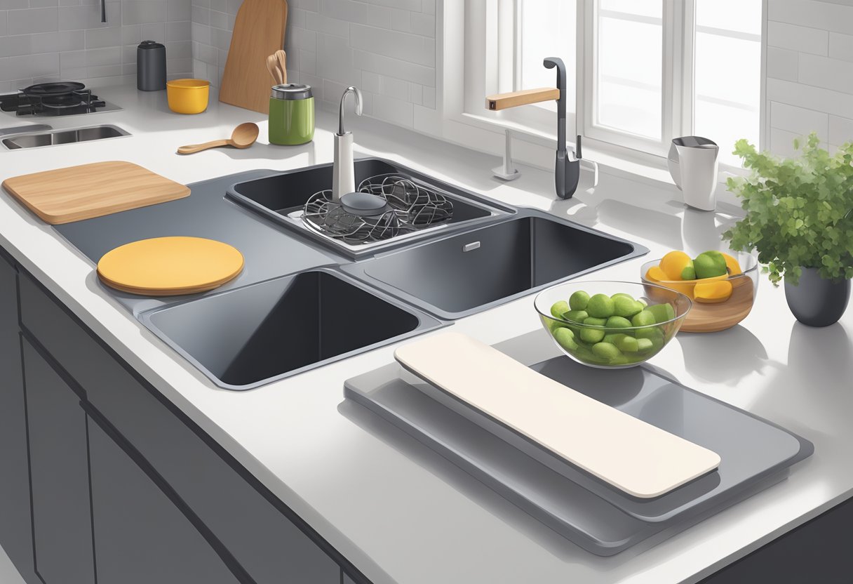 A sleek, modern kitchen counter with a foldable dish drying mat neatly placed next to a row of organized kitchen utensils and containers