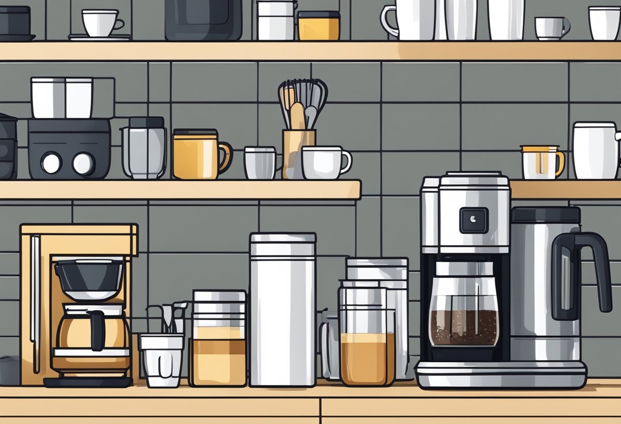 A kitchen counter with neatly arranged coffee mugs, canisters, and utensils on a sleek and organized coffee station