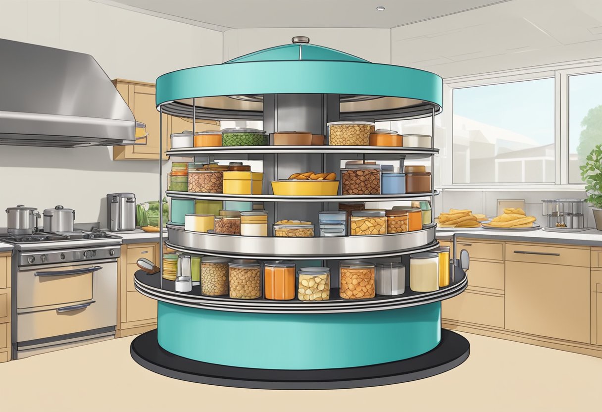 A rotating snack carousel filled with organized kitchen items on a clutter-free counter