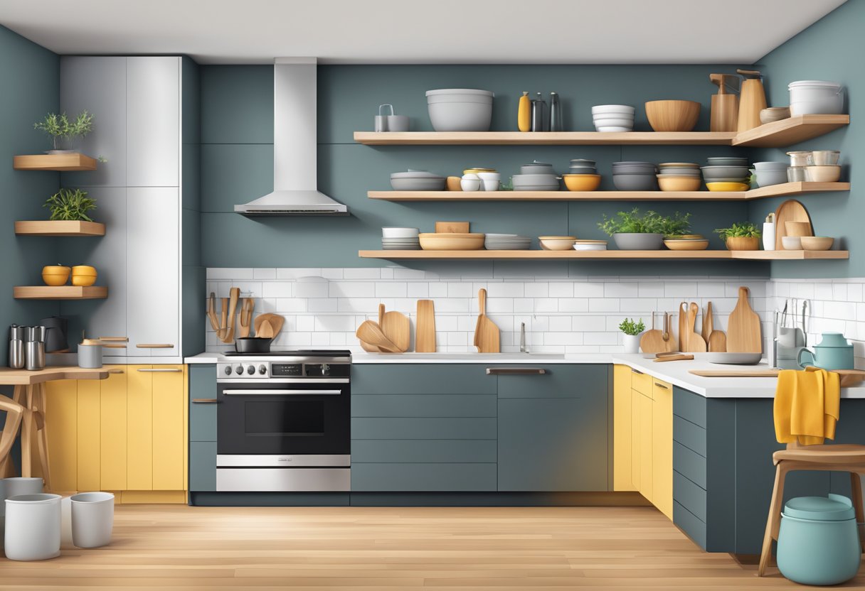 A sleek, modern kitchen with floating shelves showcasing neatly organized kitchen items and utensils