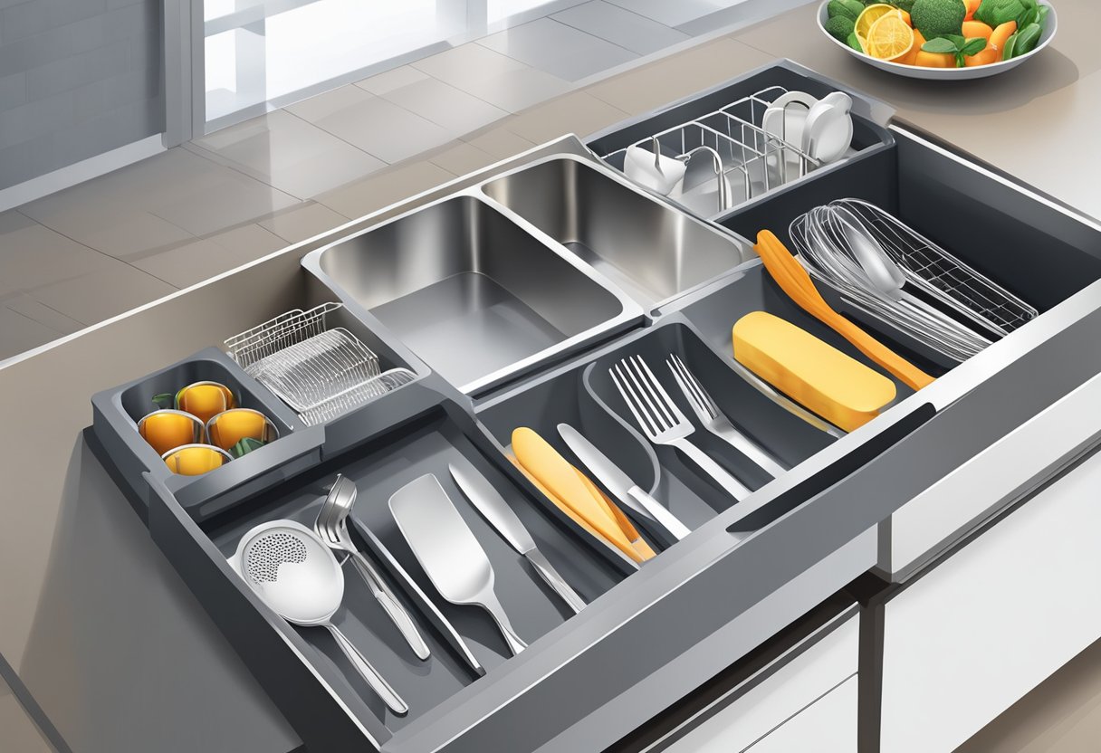 A sleek, modern kitchen counter with an expandable dish rack neatly organizing dishes, utensils, and other kitchen items in various compartments