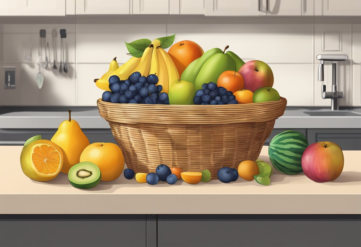 A multi-tier fruit basket filled with various fruits sits on a clutter-free kitchen counter