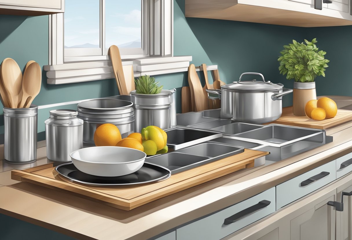 A kitchen counter with decorative trays holding various kitchen items in an organized and functional manner