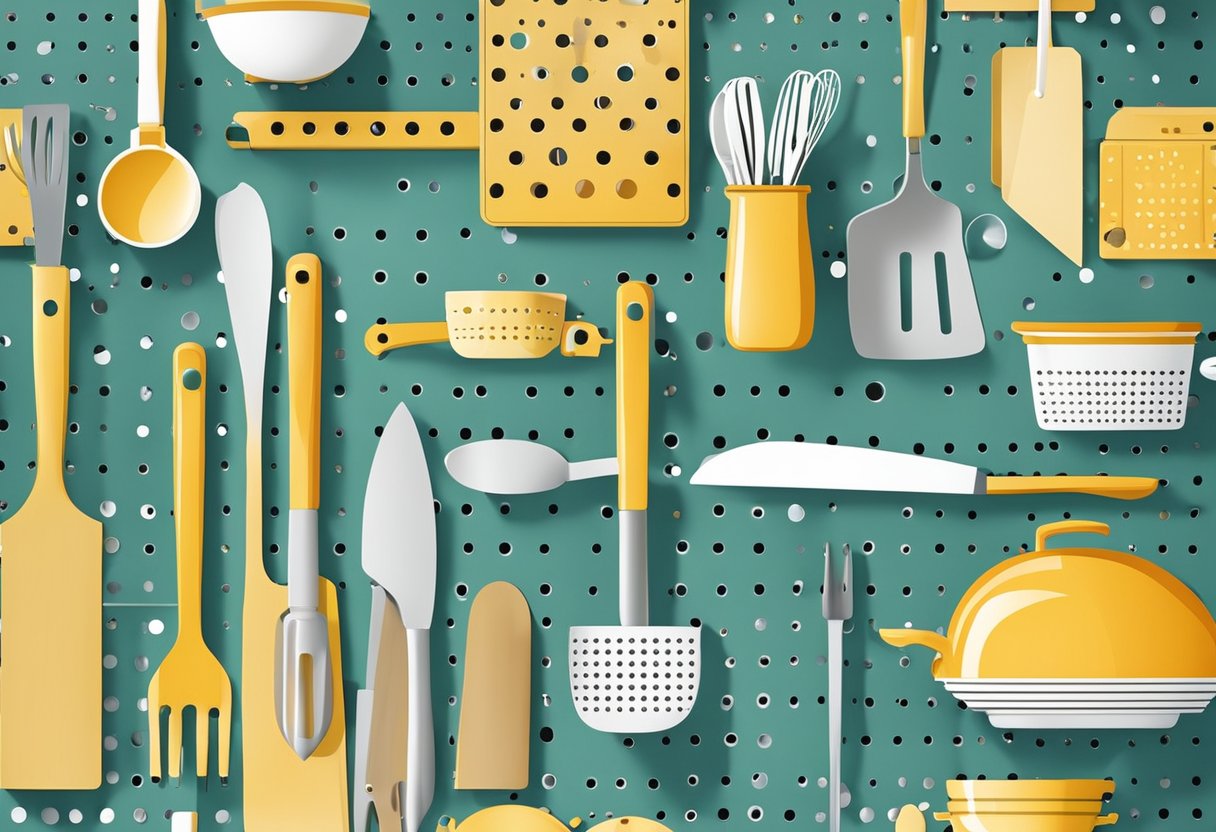 A pegboard on a kitchen wall holds various utensils in an organized and clever way, creating a tidy and efficient kitchen counter