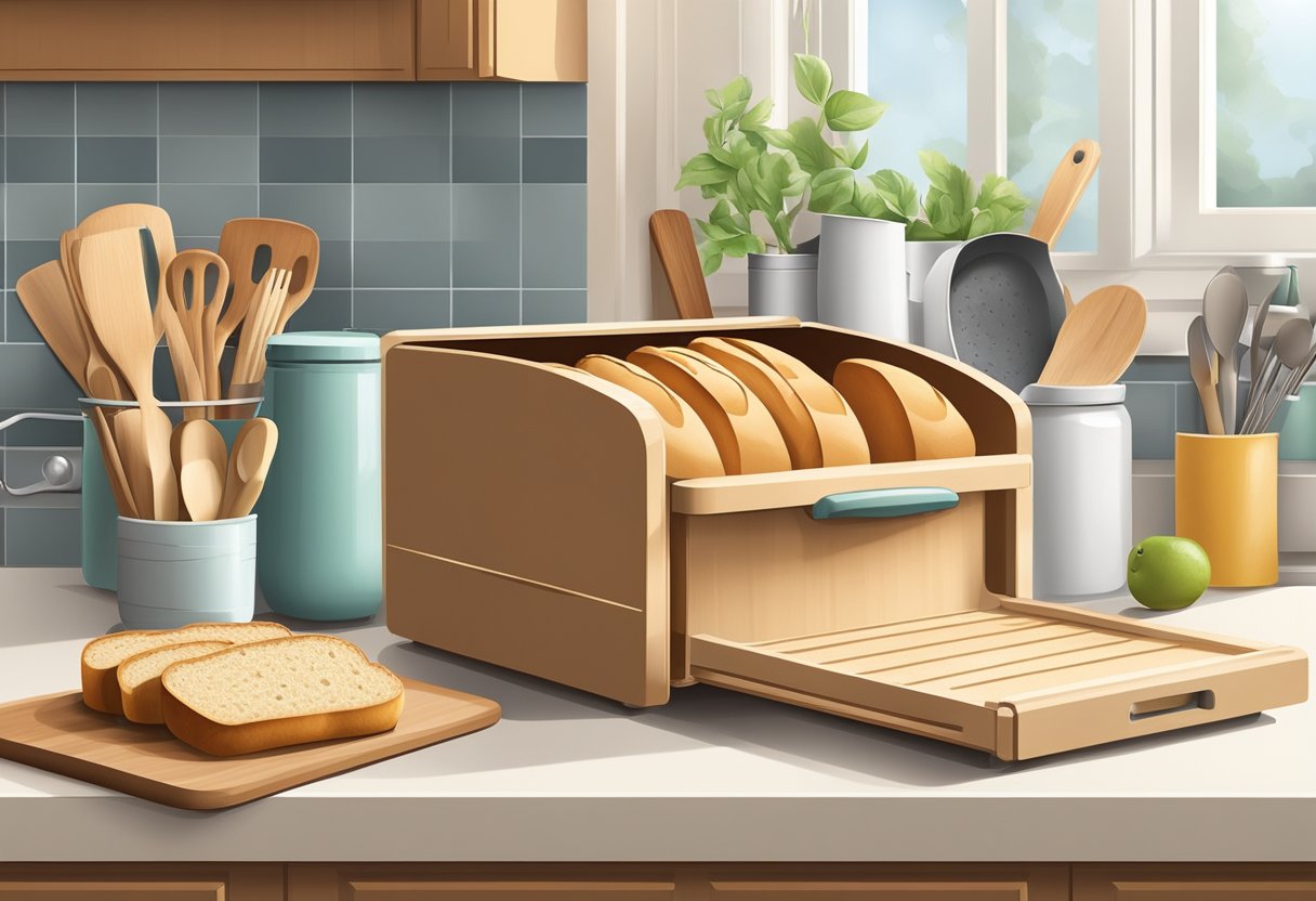 A bread box with a cutting board lid sits on a tidy kitchen counter, surrounded by neatly organized kitchen tools and utensils