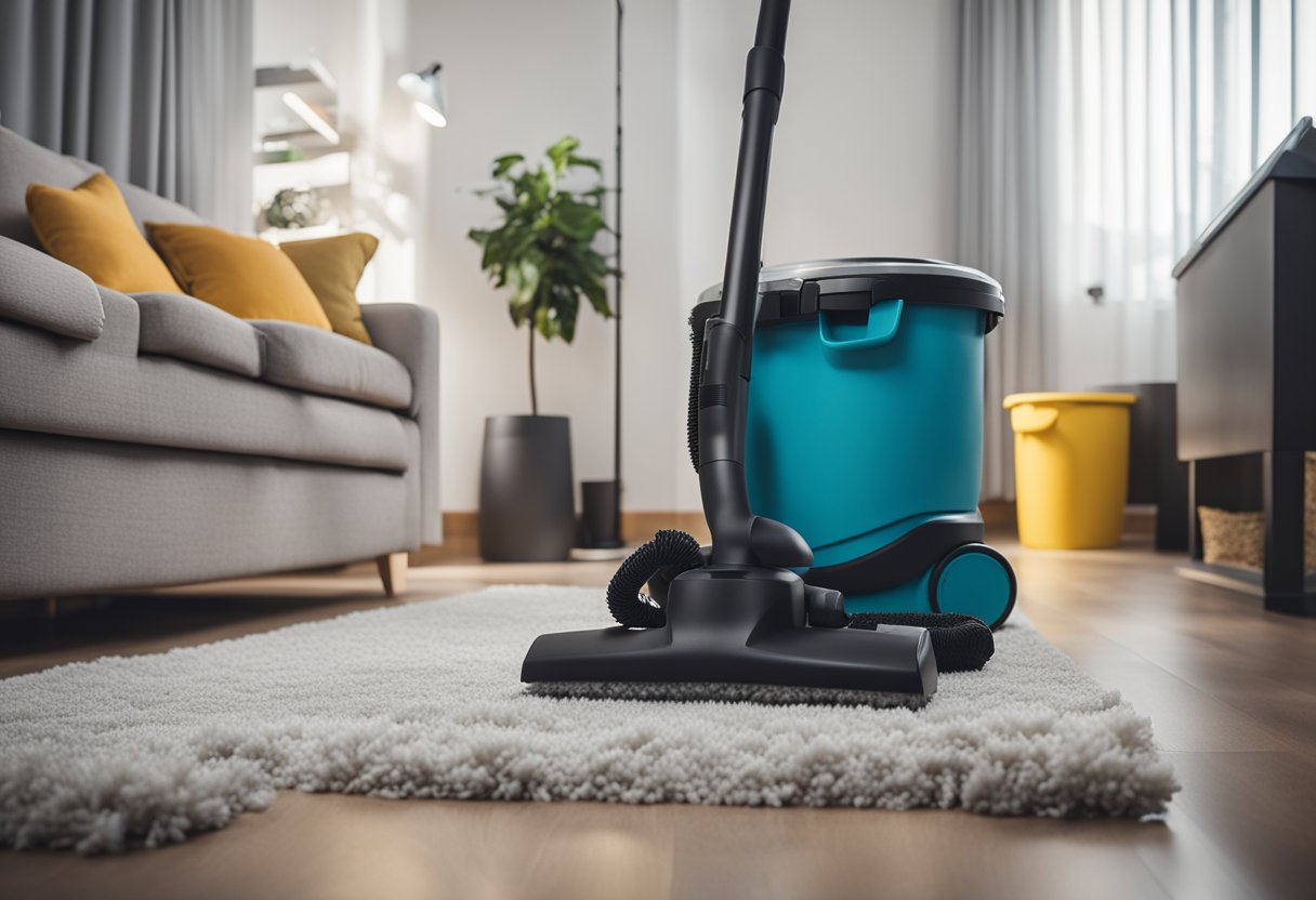 A tidy living room with a vacuum, mop, and duster at the ready, alongside labeled bins for quick organization