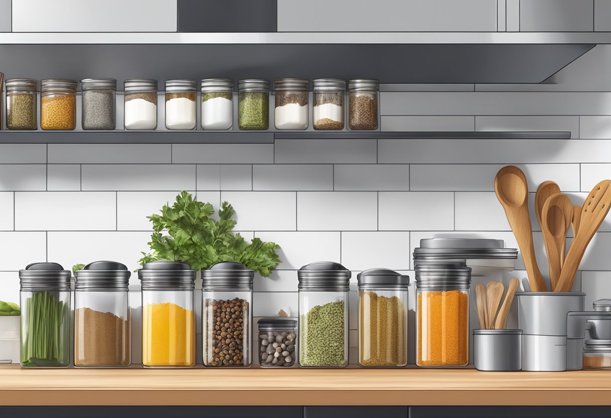 A row of magnetic spice jars floating above a cluttered kitchen counter