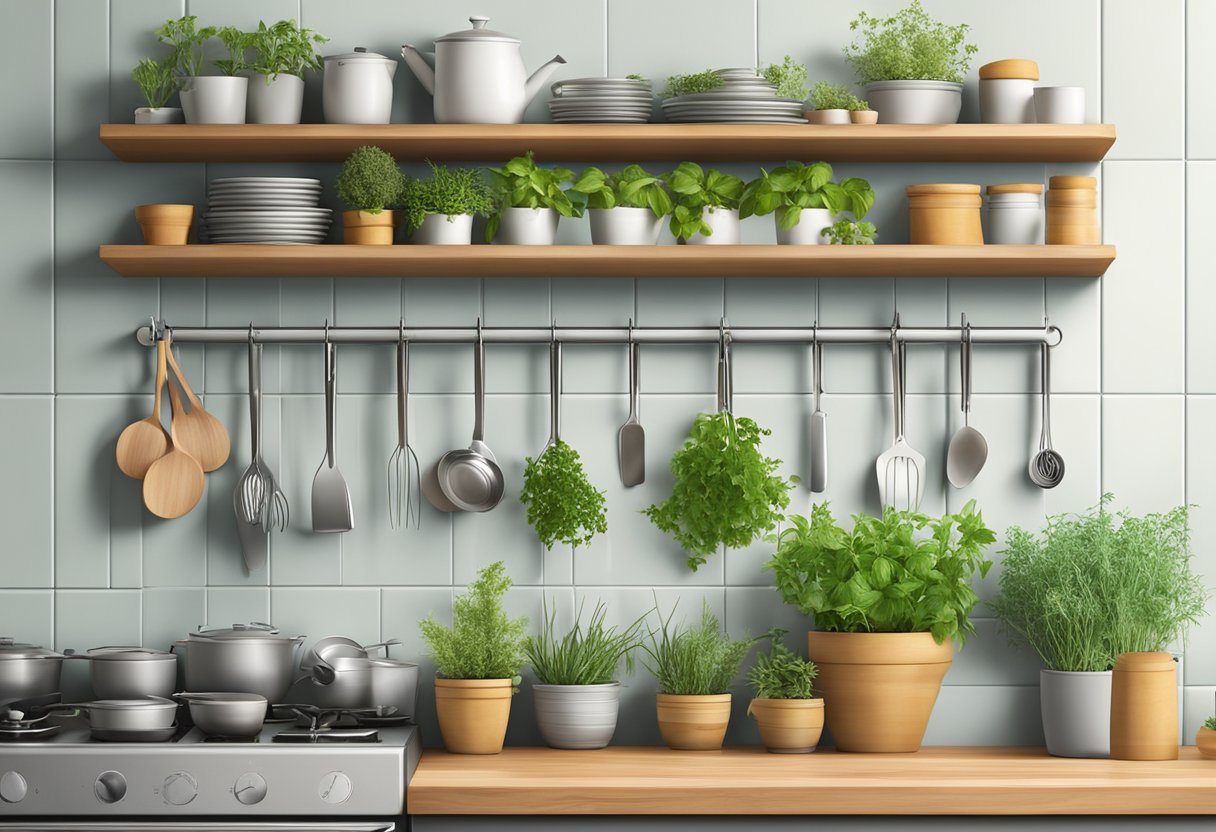 A tiered cake stand holds neatly arranged vegetables, surrounded by various kitchen organizers, on a spacious and tidy counter