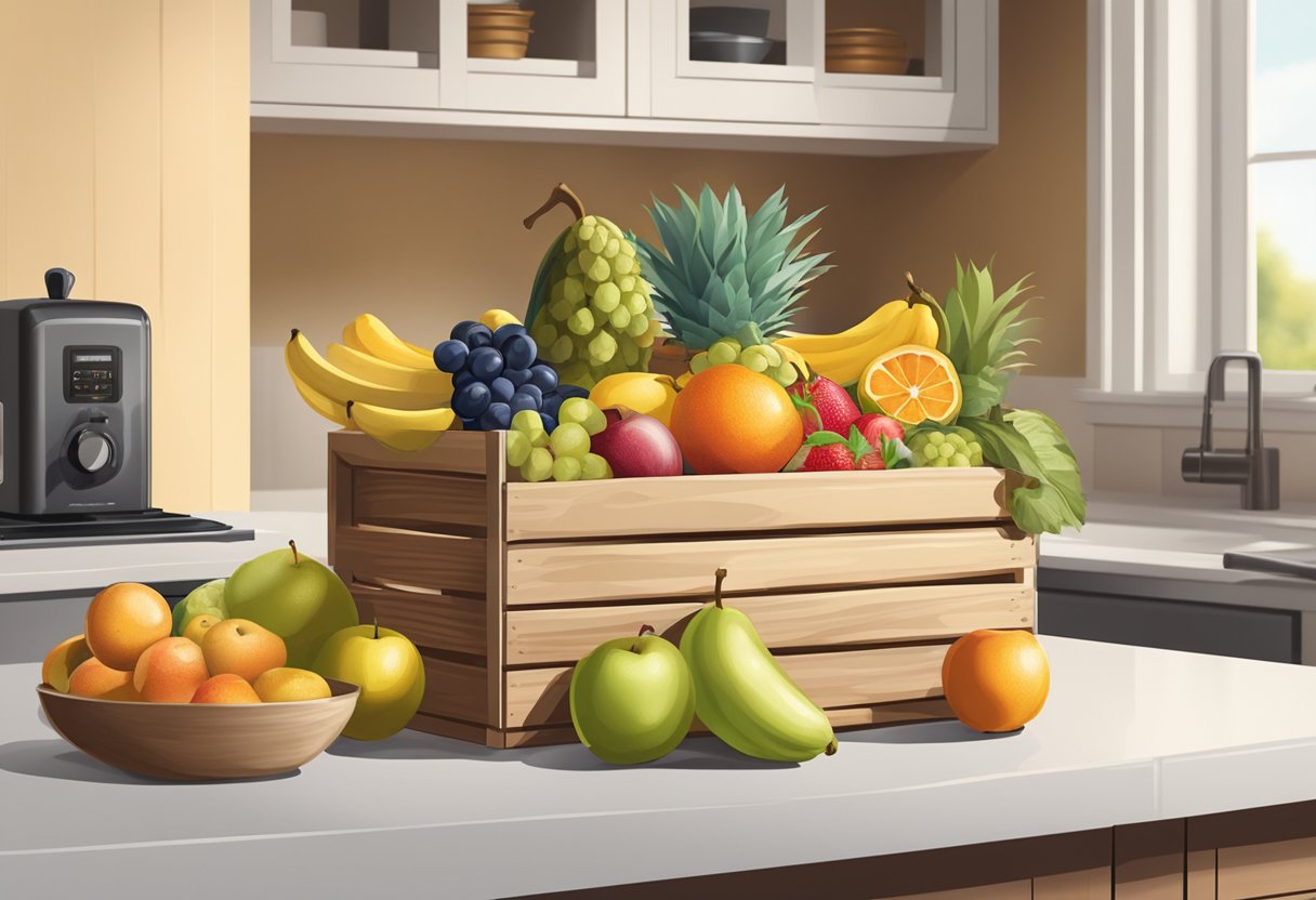 A rustic wooden crate filled with assorted fruits sits on a clean kitchen counter, surrounded by neatly organized cooking utensils and small appliances