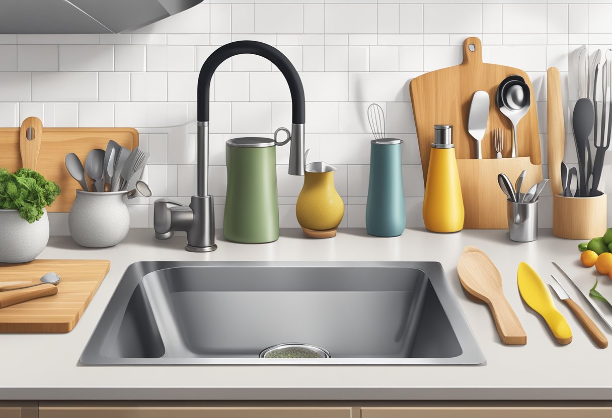 A sleek, modern kitchen counter with an over-the-sink cutting board, surrounded by neatly organized utensils and kitchen tools