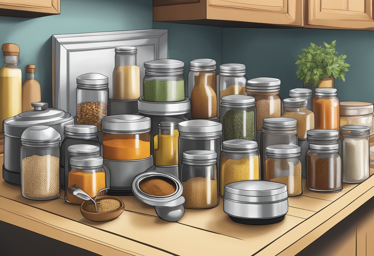 A cluttered kitchen counter transformed with a spinning Lazy Susan filled with neatly organized spice jars