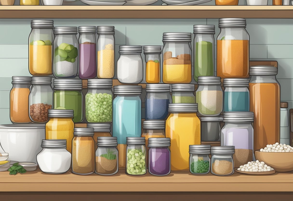 A tidy kitchen counter with neatly arranged labeled jars, each containing various kitchen essentials