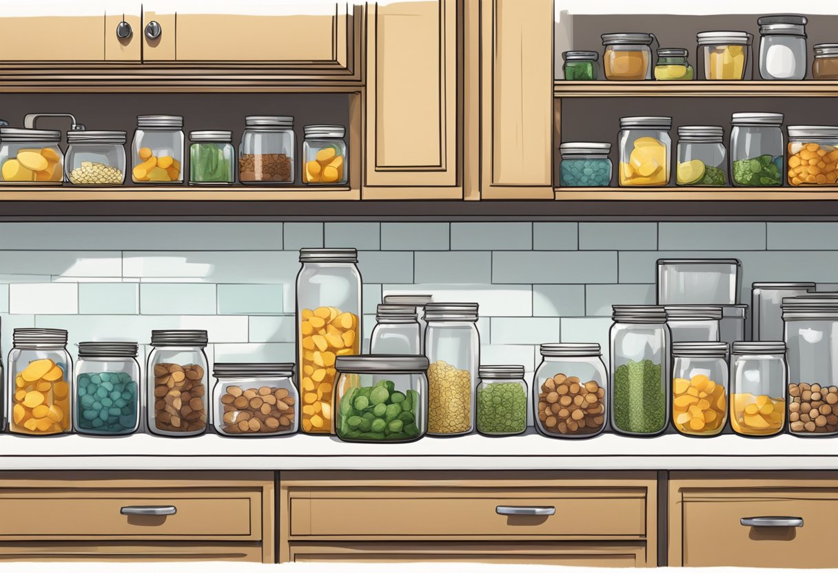 An organized kitchen counter with neatly arranged jars hung under the cabinets