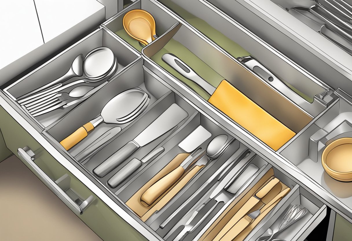 A neatly organized kitchen counter with drawer dividers separating utensils, cutting boards, and other kitchen tools in designated sections